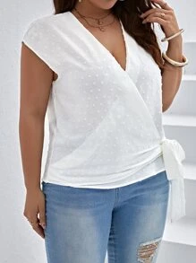 SHEIN VCAY Áo sơ mi Plus Size Thắt nút Trọn gói màu trơn Giải trí - trắng - Xem 5