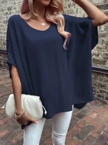 SHEIN LUNE Áo sơ mi nữ màu trơn Giải trí - Màu xanh hải quân - Xem 5