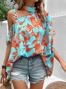 Breezaya Floral Print Asymmetrical Neck Chain Detail Blouse - Mint Blue - View 1