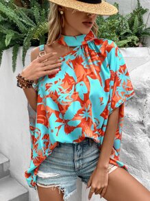 Breezaya Floral Print Asymmetrical Neck Chain Detail Blouse - Mint Blue - View 3