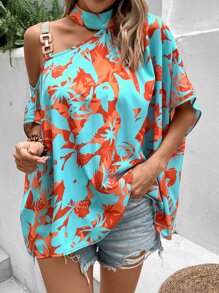 Breezaya Floral Print Asymmetrical Neck Chain Detail Blouse - Mint Blue - View 6