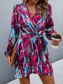 SHEIN LUNE Allover Print Lantern Sleeve Wrap Hem Dress Fall Cloth For Women - Purple - View 1