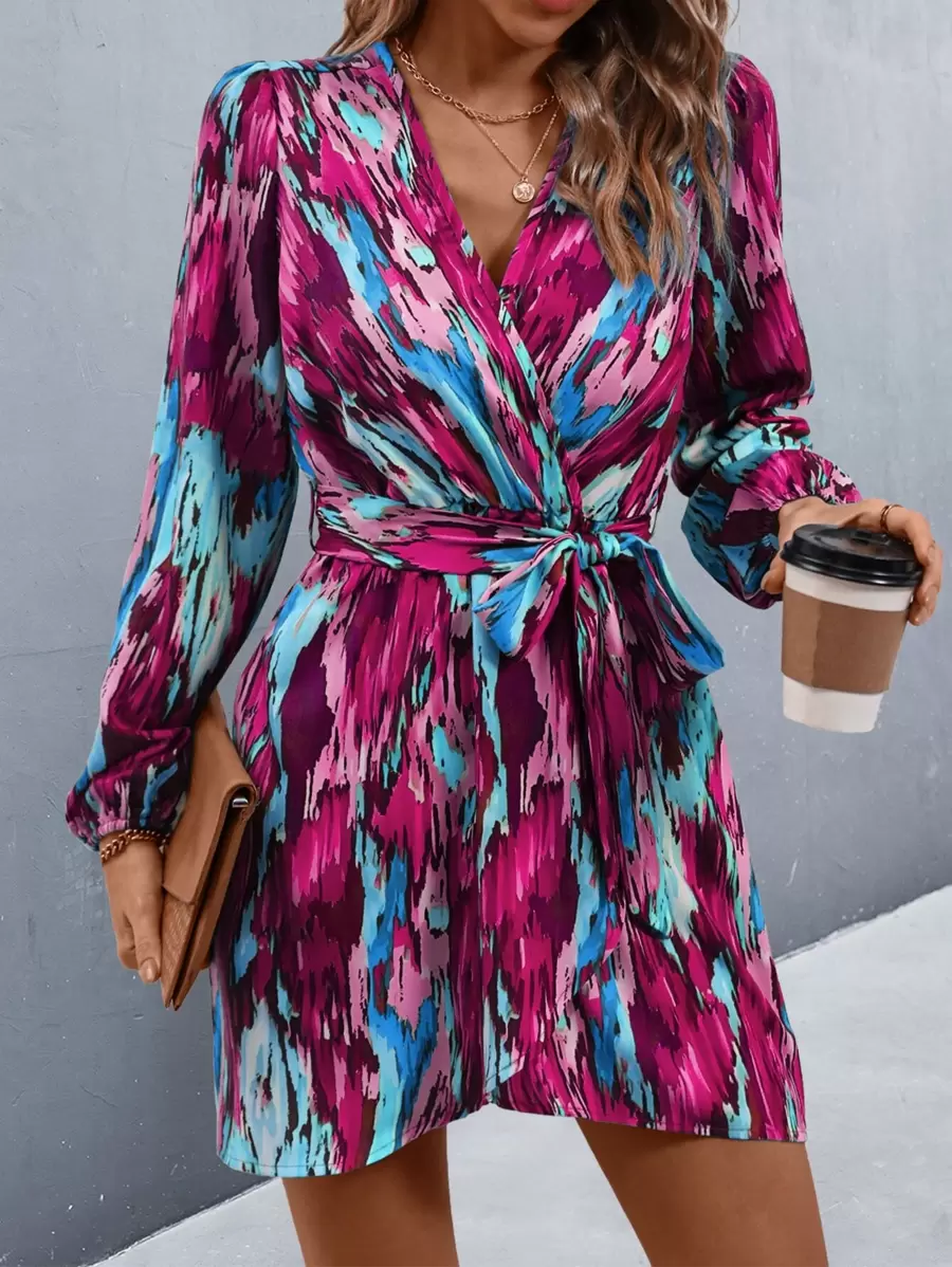 SHEIN LUNE Allover Print Lantern Sleeve Wrap Hem Dress Fall Cloth For Women - Purple - View 1