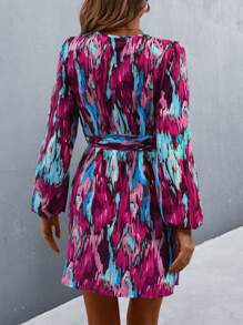 SHEIN LUNE Allover Print Lantern Sleeve Wrap Hem Dress Fall Cloth For Women - Purple - View 2