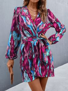 SHEIN LUNE Allover Print Lantern Sleeve Wrap Hem Dress Fall Cloth For Women - Purple - View 3
