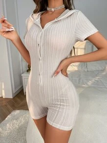 Ribbed Knit Button Front Hooded Lounge Romper - Apricot - View 4