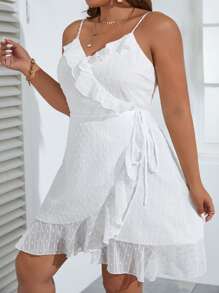 Dreamara Đầm Plus Size Thắt nút Xù Viên lá sen Trọn gói màu trơn Giải trí - trắng - Xem 5