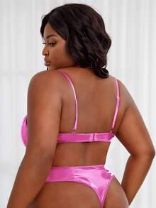 Plus PU Choker Neck Chain Linked Teddy Bodysuit - Pink - View 2