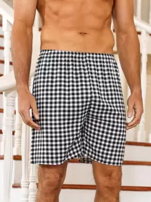 Men Gingham Print Sleep Shorts - Black and White - View 1