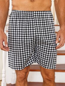 Men Gingham Print Sleep Shorts - Black and White - View 2