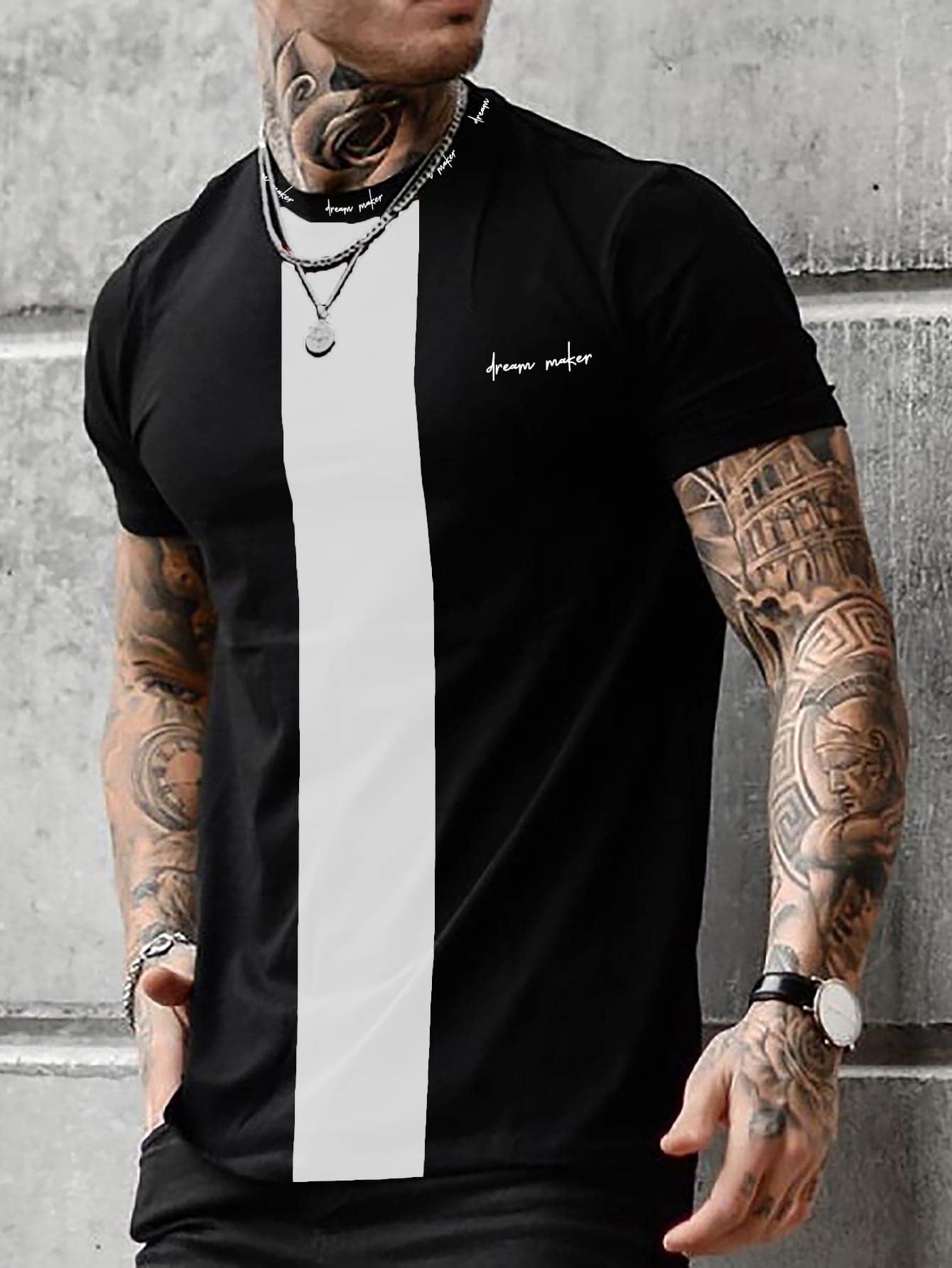 Manfinity Homme Hombres Camiseta con estampado de letra de color combinado - Negro - Ver 1
