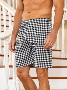 Men Gingham Print Sleep Shorts - Black and White - View 5
