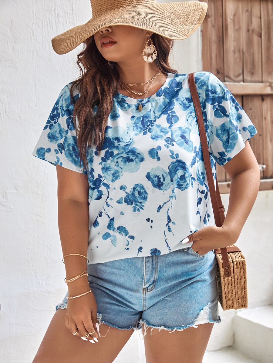 SHEIN Holidaya Camiseta con estampado floral - Azul y blanco - Ver 1
