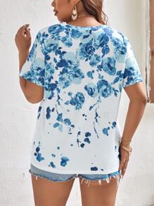 SHEIN Holidaya Camiseta con estampado floral - Azul y blanco - Ver 2