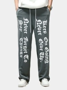 ROMWE MEN Street Life Guys Letter Graphic Drawstring Waist Sweatpants - Grey - View 1