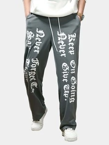 ROMWE MEN Street Life Guys Letter Graphic Drawstring Waist Sweatpants - Grey - View 3