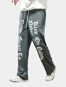 ROMWE MEN Street Life Guys Letter Graphic Drawstring Waist Sweatpants - Grey - View 4