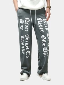 ROMWE MEN Street Life Guys Letter Graphic Drawstring Waist Sweatpants - Grey - View 5