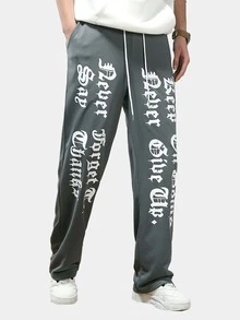 ROMWE MEN Street Life Guys Letter Graphic Drawstring Waist Sweatpants - Grey - View 6