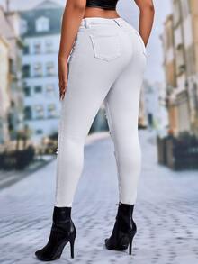 SHEIN SXY Graphic Print Ripped Skinny Jeans - White - View 3