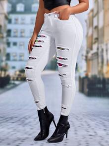 SHEIN SXY Graphic Print Ripped Skinny Jeans - White - View 5