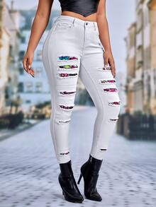 SHEIN SXY Graphic Print Ripped Skinny Jeans - White - View 7