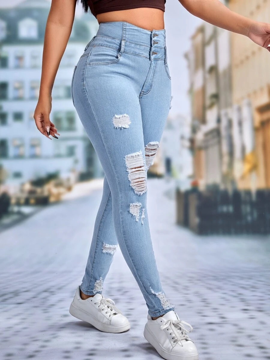 SHEIN Essnce High Waist Ripped Skinny Jeans - Light Wash - View 1