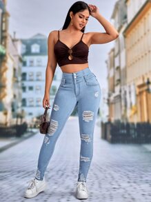 SHEIN Essnce High Waist Ripped Skinny Jeans - Light Wash - View 5