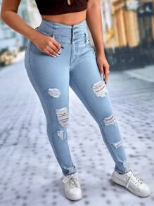 SHEIN Essnce High Waist Ripped Skinny Jeans - Light Wash - View 6