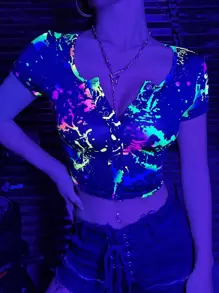 SHEIN ICON 反光潑墨圖案大圓領短款T恤 - 黑色 - 查看 1