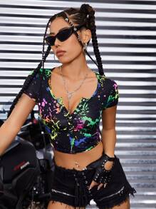 SHEIN ICON 反光潑墨圖案大圓領短款T恤 - 黑色 - 查看 5