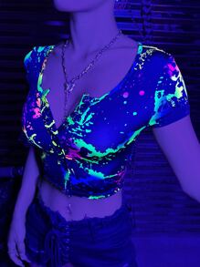 SHEIN ICON 反光潑墨圖案大圓領短款T恤 - 黑色 - 查看 6