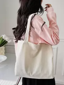 1 件休闲纯色灯芯绒极简主义可折叠手提包，可手提或肩背，非常适合购物和日常使用书包，容量大，重量轻，便携，适合少女女大学生，非常适合返校、大学、中学、高中、工作、商务、通勤 - 米色 - 查看 2