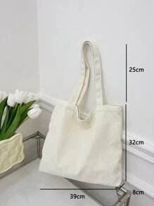 1 件休闲纯色灯芯绒极简主义可折叠手提包，可手提或肩背，非常适合购物和日常使用书包，容量大，重量轻，便携，适合少女女大学生，非常适合返校、大学、中学、高中、工作、商务、通勤 - 米色 - 查看 3