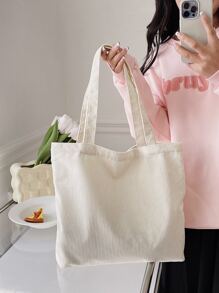 1 件休闲纯色灯芯绒极简主义可折叠手提包，可手提或肩背，非常适合购物和日常使用书包，容量大，重量轻，便携，适合少女女大学生，非常适合返校、大学、中学、高中、工作、商务、通勤 - 米色 - 查看 4