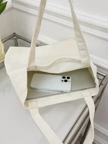 1 件休闲纯色灯芯绒极简主义可折叠手提包，可手提或肩背，非常适合购物和日常使用书包，容量大，重量轻，便携，适合少女女大学生，非常适合返校、大学、中学、高中、工作、商务、通勤 - 米色 - 查看 5