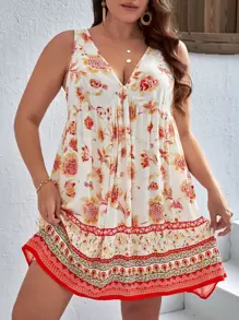 SHEIN VCAY Vestido con estampado floral bajo con fruncido - Naranja Coral - Ver 1