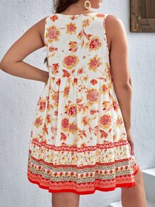 SHEIN VCAY Vestido con estampado floral bajo con fruncido - Naranja Coral - Ver 4