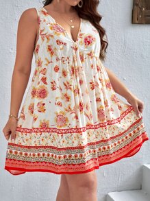 SHEIN VCAY Vestido con estampado floral bajo con fruncido - Naranja Coral - Ver 2