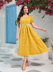 Modelyn 提花方領泡泡袖褶皺細節洋裝 - 黃色 - 查看 6