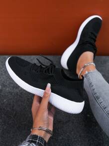 運動跑步鞋適用於女士針織細節前綁帶戶外運動鞋 - 黑色 - 查看 2