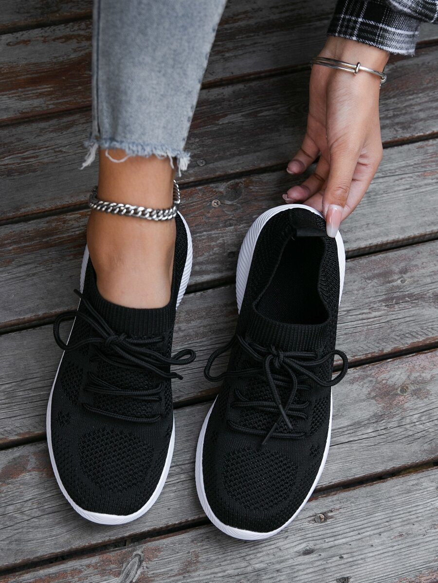 運動跑步鞋適用於女士針織細節前綁帶戶外運動鞋 - 黑色 - 查看 1