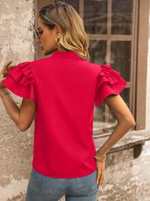 SHEIN Clasi 缺口領蛋糕袖襯衫 - 紅色 - 查看 2