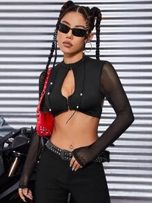 SHEIN ICON Áo nữ Lộ Lưng Tương phản Mesh Cắt ra màu trơn Gợi cảm - màu đen - Xem 3