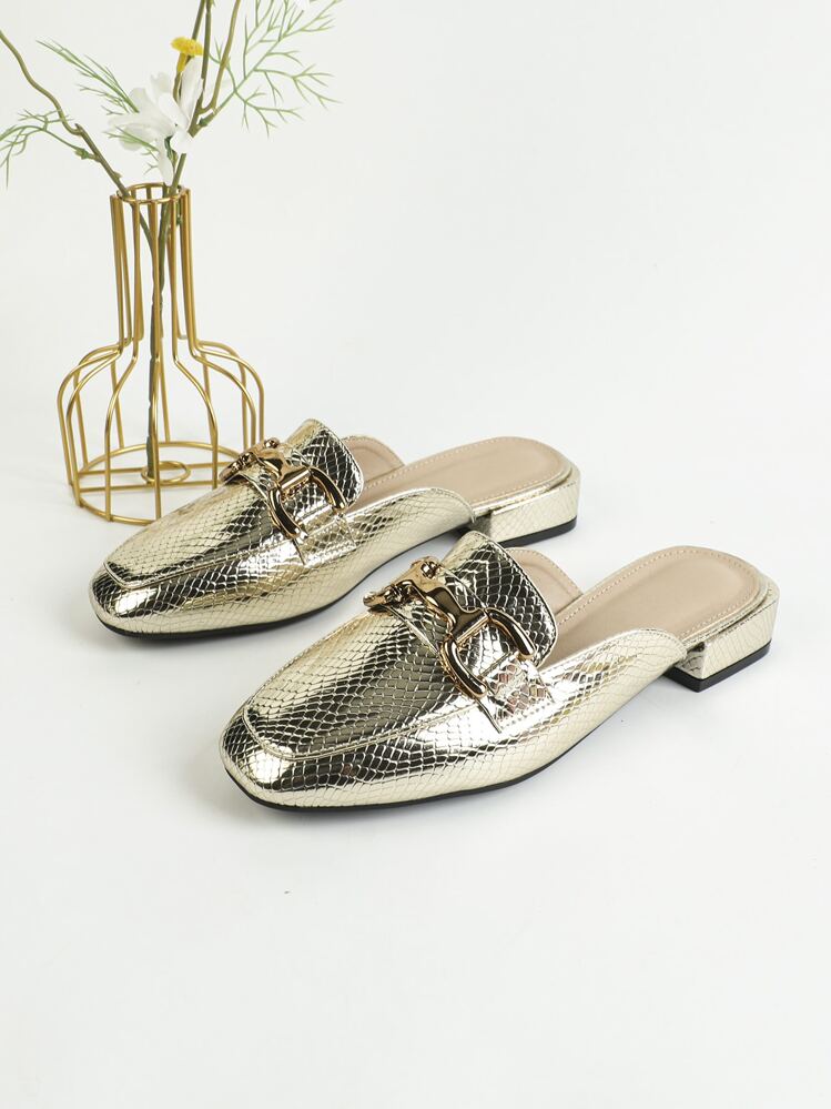 Women Metallic Snakeskin Embossed Metal Decor Square Toe Mule Flats, Glamorous Metallic Flat Shoes - Gold - View 5