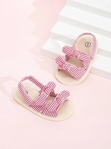 Baby Bow Decor Striped Pattern Slingback Sandals, Preppy Pink Flat Sandals - Red and White - View 1