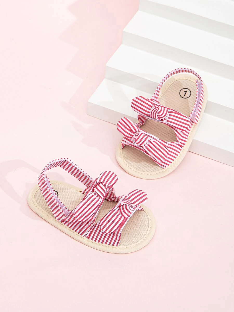 Baby Bow Decor Striped Pattern Slingback Sandals, Preppy Pink Flat Sandals - Red and White - View 1