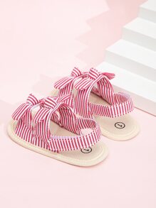 Baby Bow Decor Striped Pattern Slingback Sandals, Preppy Pink Flat Sandals - Red and White - View 2