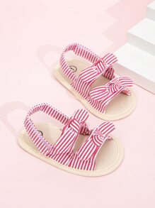 Baby Bow Decor Striped Pattern Slingback Sandals, Preppy Pink Flat Sandals - Red and White - View 3