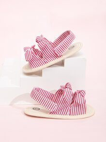 Baby Bow Decor Striped Pattern Slingback Sandals, Preppy Pink Flat Sandals - Red and White - View 4
